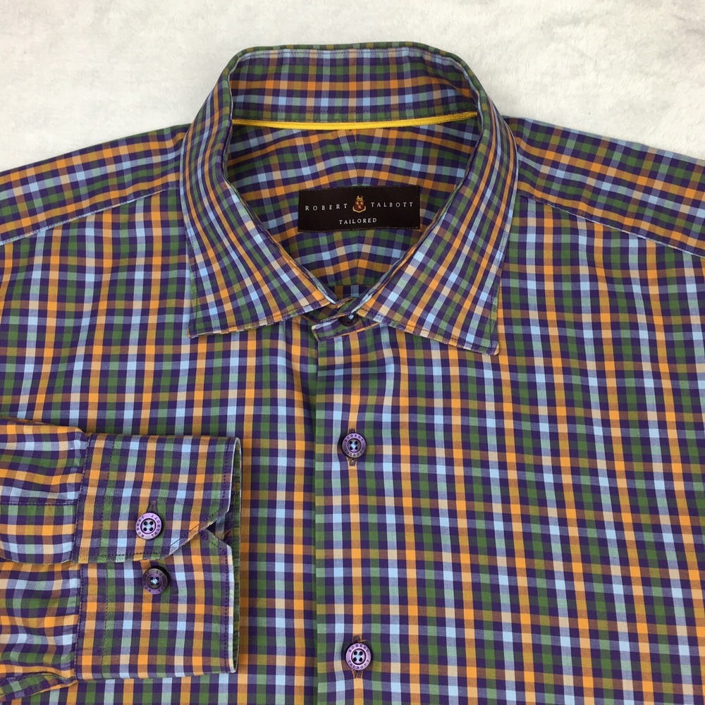 Robert Talbott Shirt Mens XL Orange/Green Check Tailored Fit Long Sleeve